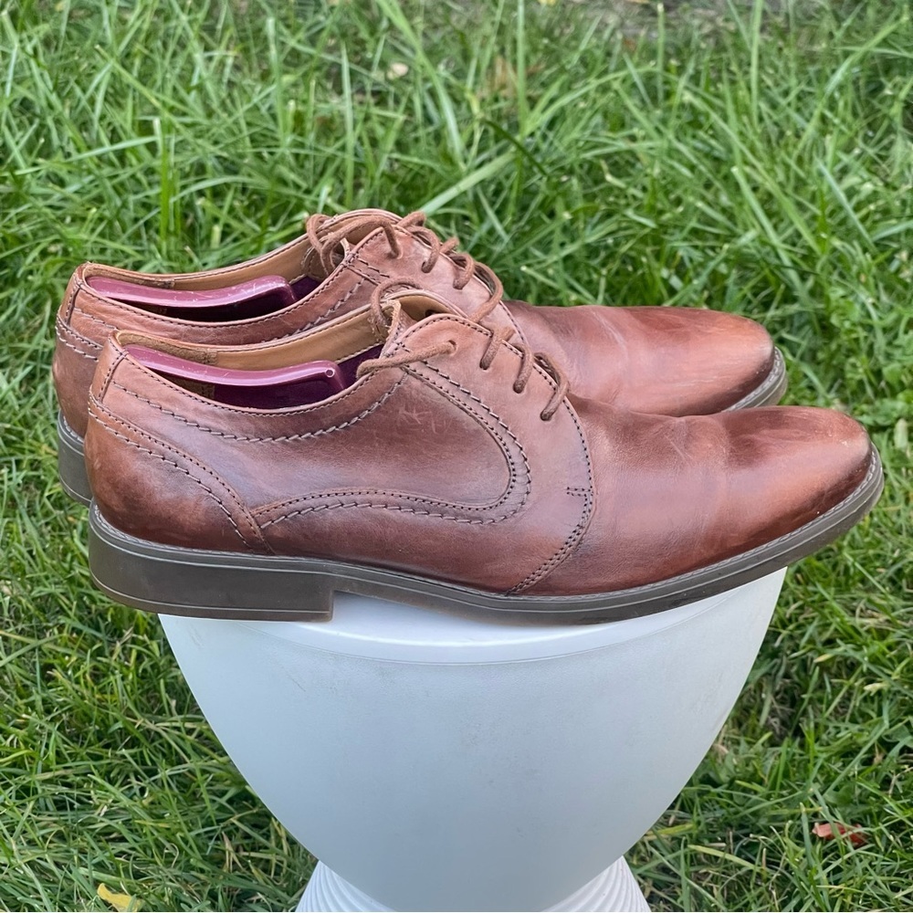 Clarks Shoes Mens 12 Brown Leather Plain Toe Oxford Lace Up Cushioned Ortholite